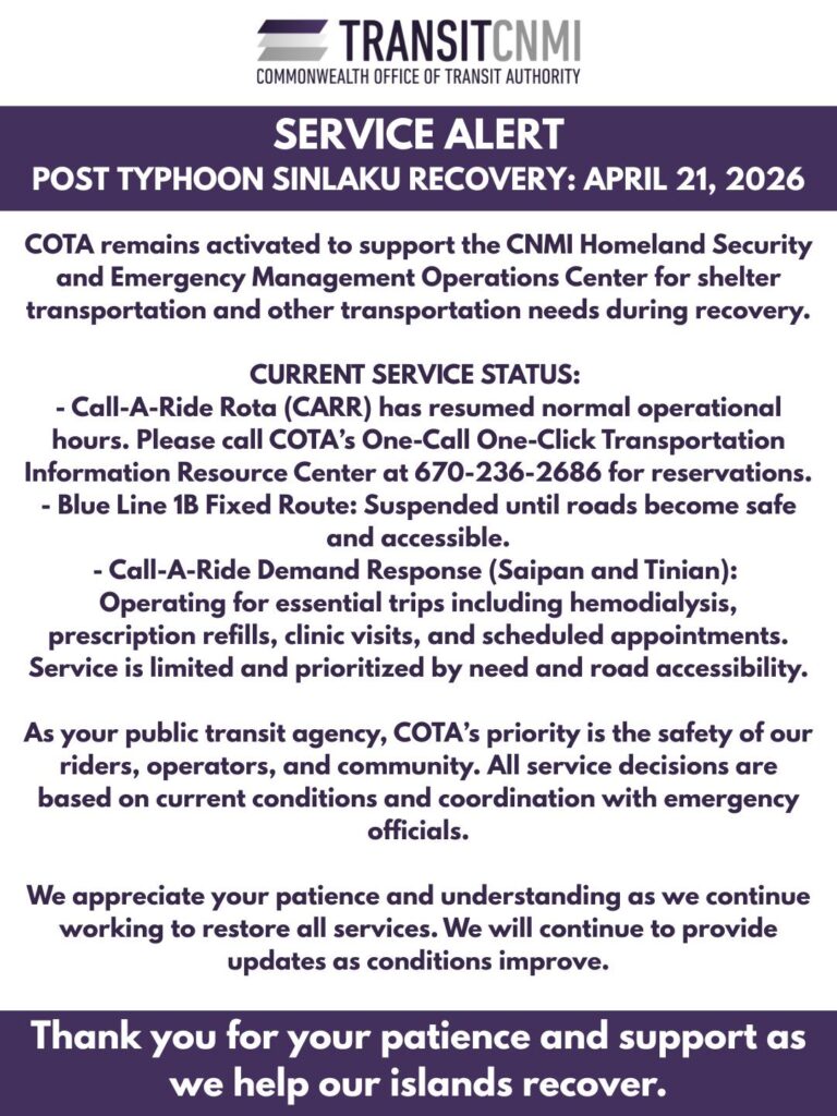 COTA Services Remain Limited as Recovery Continues After Typhoon Sinlaku