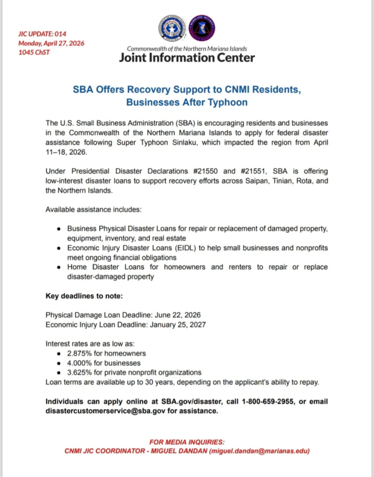 SBA Offers Recovery Support to CNMI Residents, Businesses After Typhoon