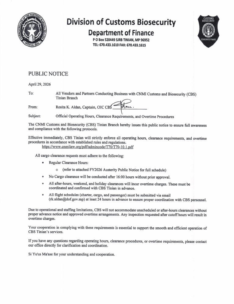 PUBLIC NOTICE: CNMI Customs and Biosecurity (CBS) Tinian Branch