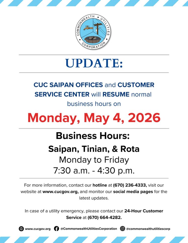 CUC Saipan Offices and Customer Service Center to Resume Normal Business Hours