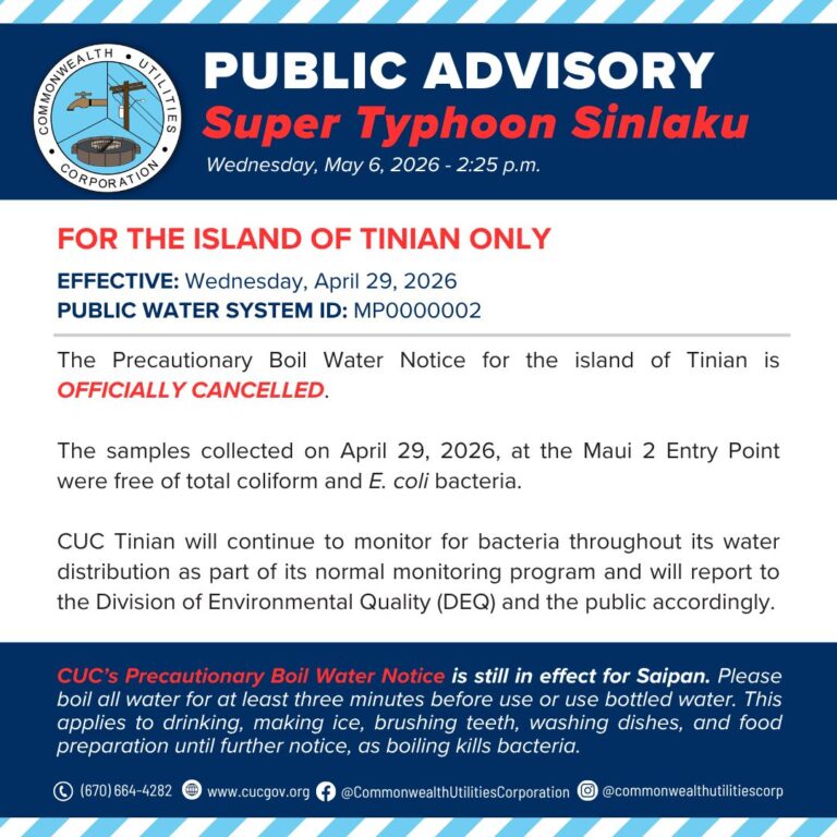 Precautionary Boil Water Notice is Cancelled for Tinian